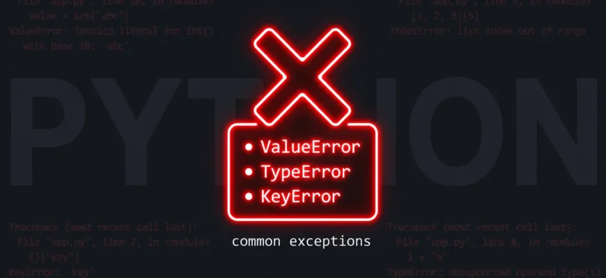 Конкретные исключения: ValueError, TypeError, KeyError и другие